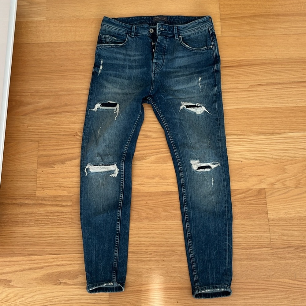 Zara Blue Skinny Distressed Jeans with Faded Details